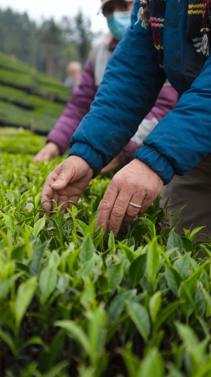 A picturesque tea garden in India with lush green tea plants.